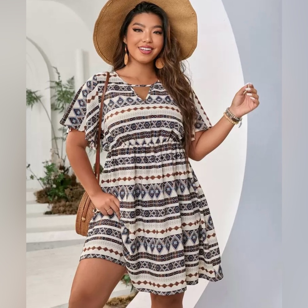 SHEIN Geometric Print Midi Dress - Black, Brown, Cream